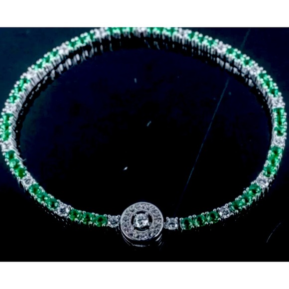 925 Sterling Silver Bracelet w/ Fancy Clasp, Green Emeralds & Clear Swarovski - Picture 1 of 2